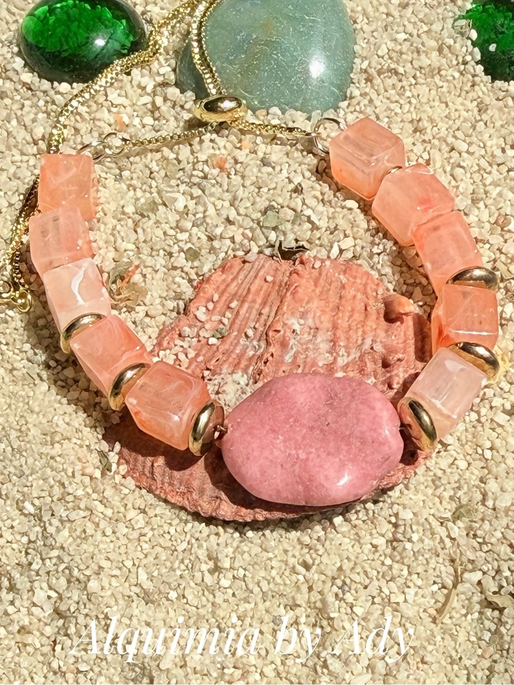 Rhodonite and peach cubes Bead Bracelet with gold